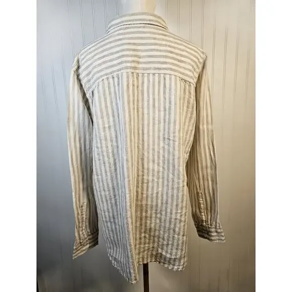 L.L Bean 100% Linen Striped Button Down Shirt Women's Size L Nautical Preppy - Picture 7 of 13